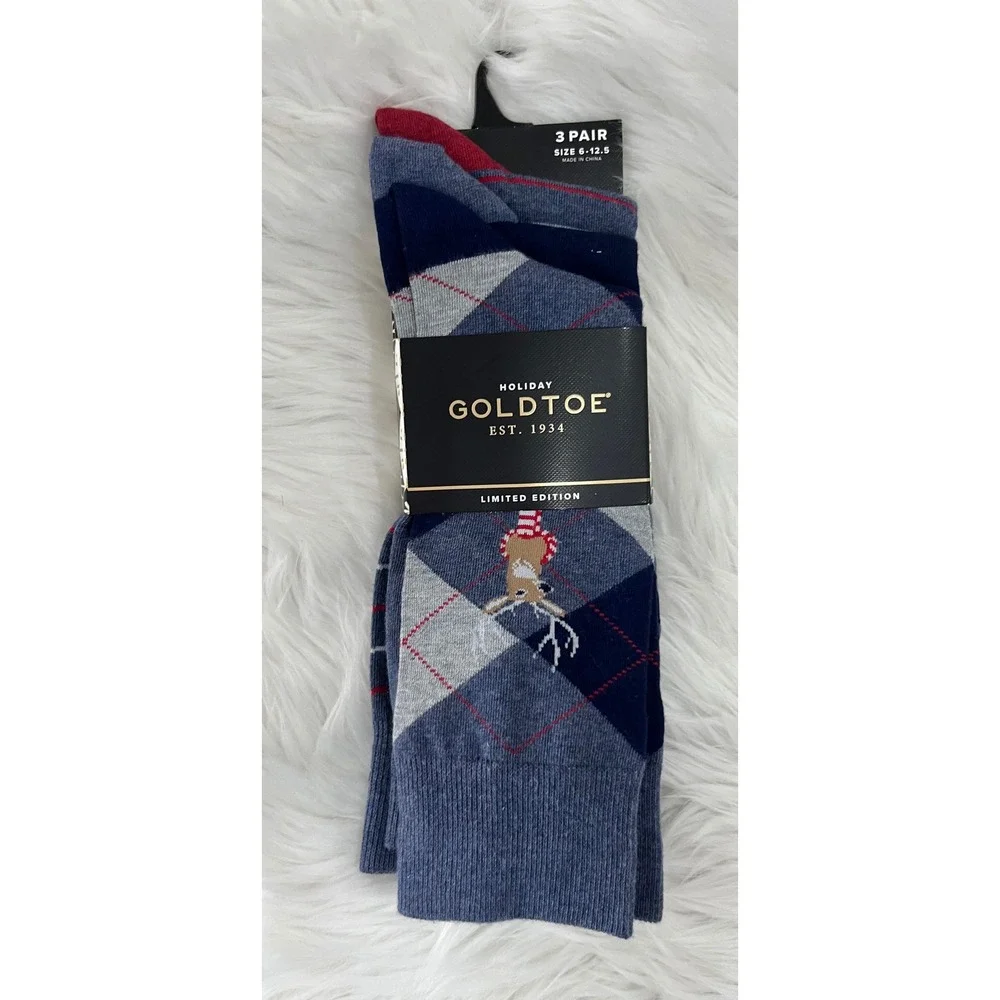Goldtoe Men's Holiday Socks 3 Pair Argyle Reindeer Size 6-12.5 New